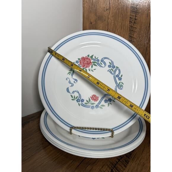Corelle Summer Fair Dinner Plates, Set of 4 Pink Roses Blue Ribbons - Picture 2 of 3